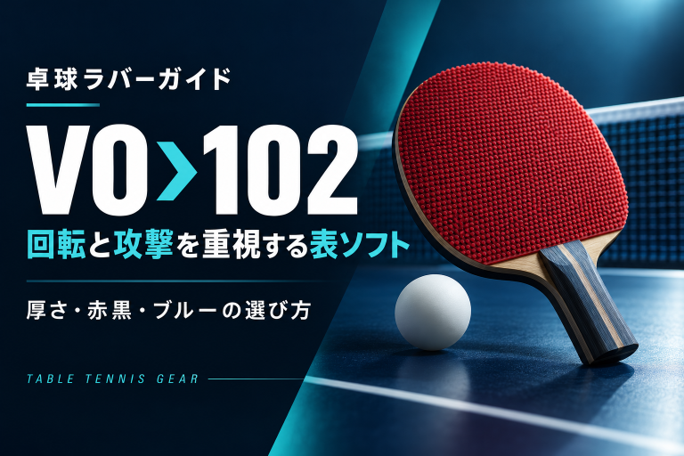VO＞102 回転と攻撃を重視する表ソフト。厚さ・赤黒・ブルーの選び方を紹介するイメージイラスト